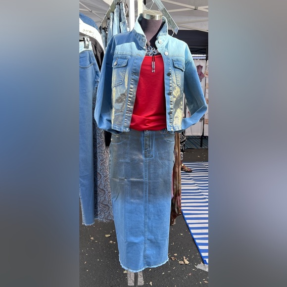 Set of Metallic Gold Denim Jeans Skirt & Jacket, Large Light Blue - Picture 12 of 16